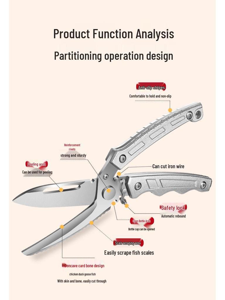 Multifunctional Kitchen Shears: Sharp Chicken Bone Scissors, Convertible Fruit Knife, and Auto-Rebound Scissors.