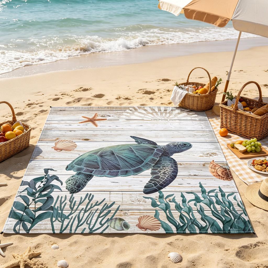 Portable Foldable Picnic Mat with Printed Pattern Lightweight Polyester Fabric Sandproof Beach Blanket with Storage Bag and Stakes for Outdoor Use