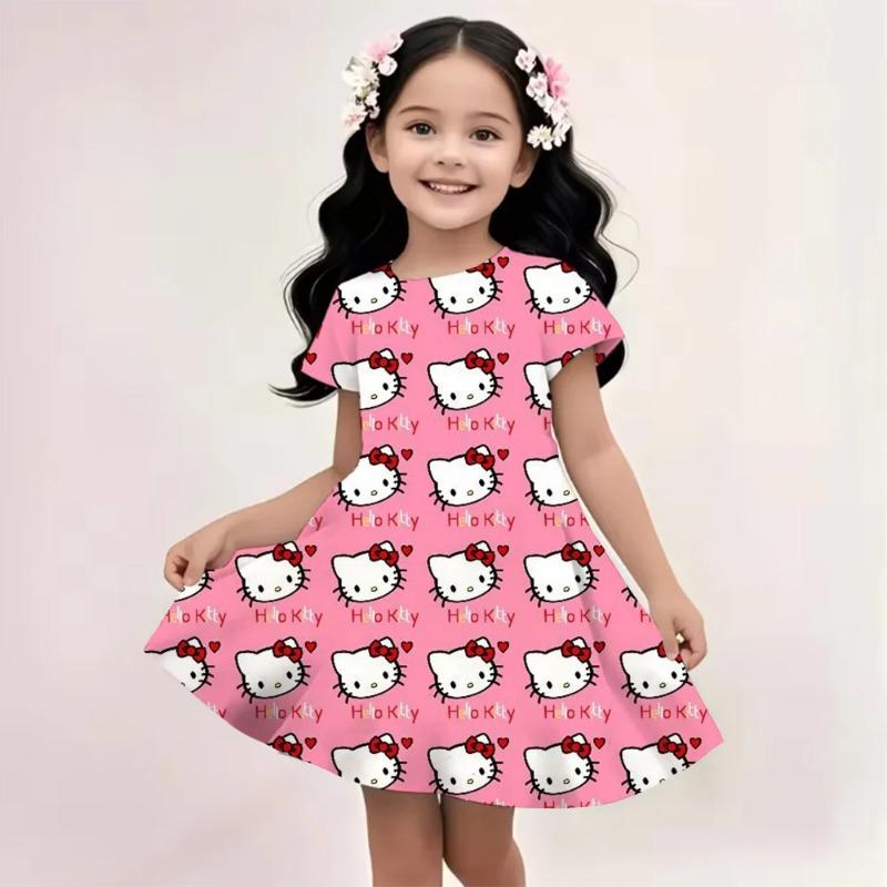 Popula Children's New Fashion Kawaii Girl Dress Cartoon Cute Hello Kitty 3D Printed Princess Dress Short Dress