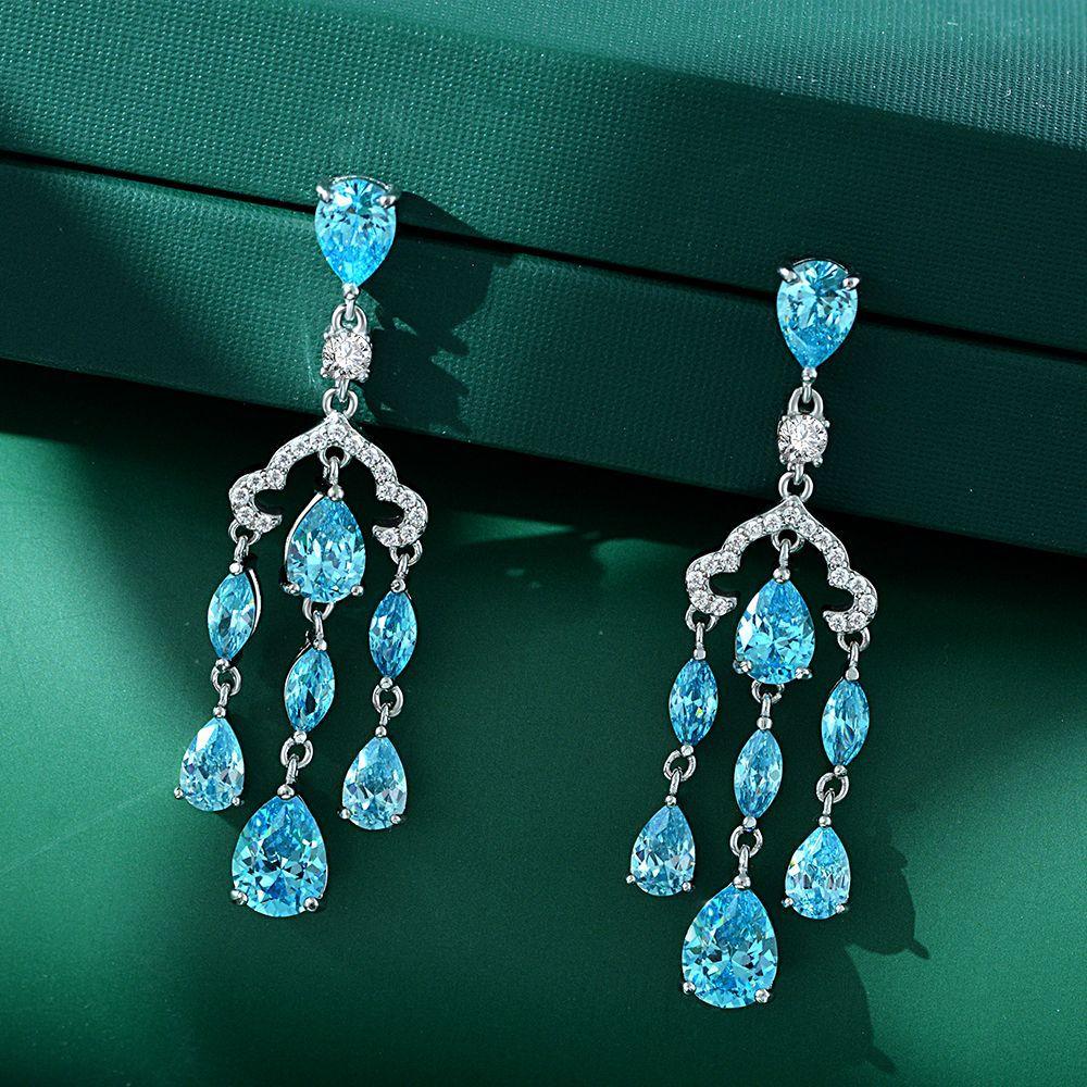 Tancise Jewelry Sea Blue Charm Series Earrings Are Fully Inlaid with High Carbon Diamond 6 * 8 Water Drop Earrings 925 Silver