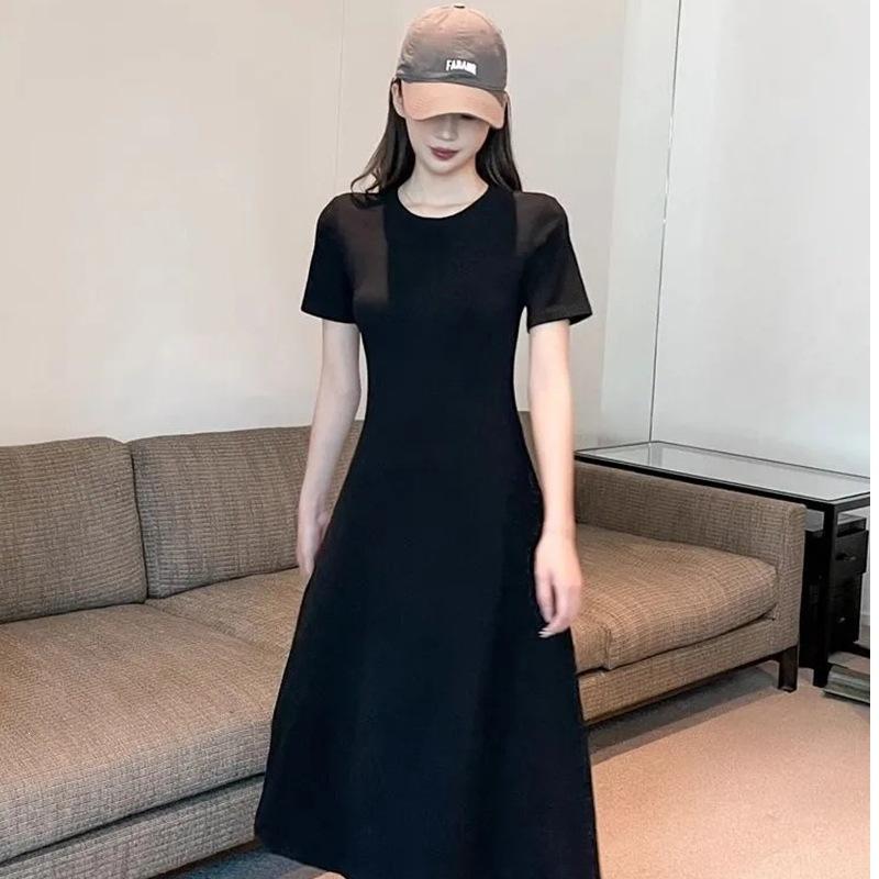 Black dress temperament long dress women's summer Hepburn style waist thin short sleeve casual round neck skirt