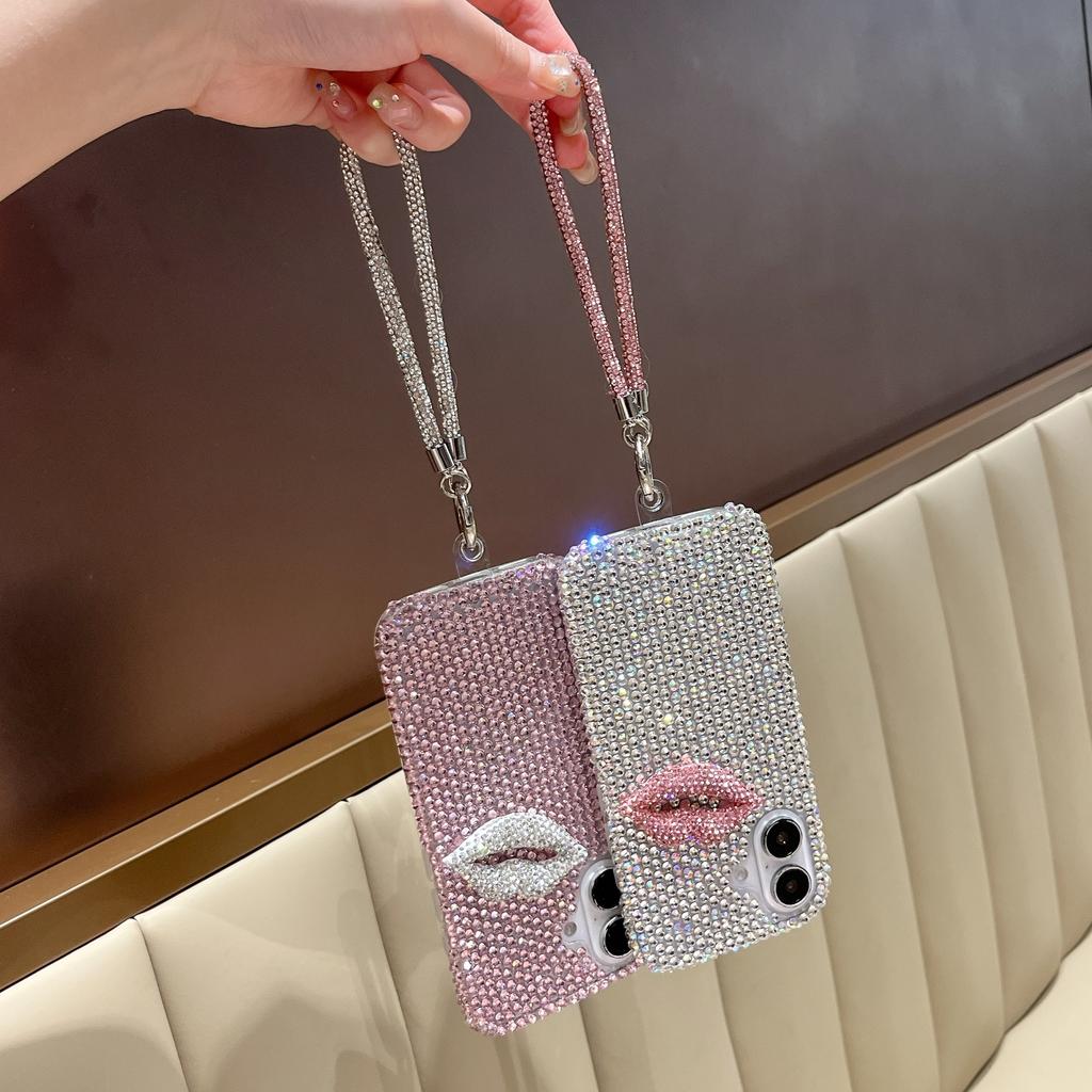 For iPhone 16 Case with Strap Full Rhinestone Lip Decor TPU+PC Phone Back Cover