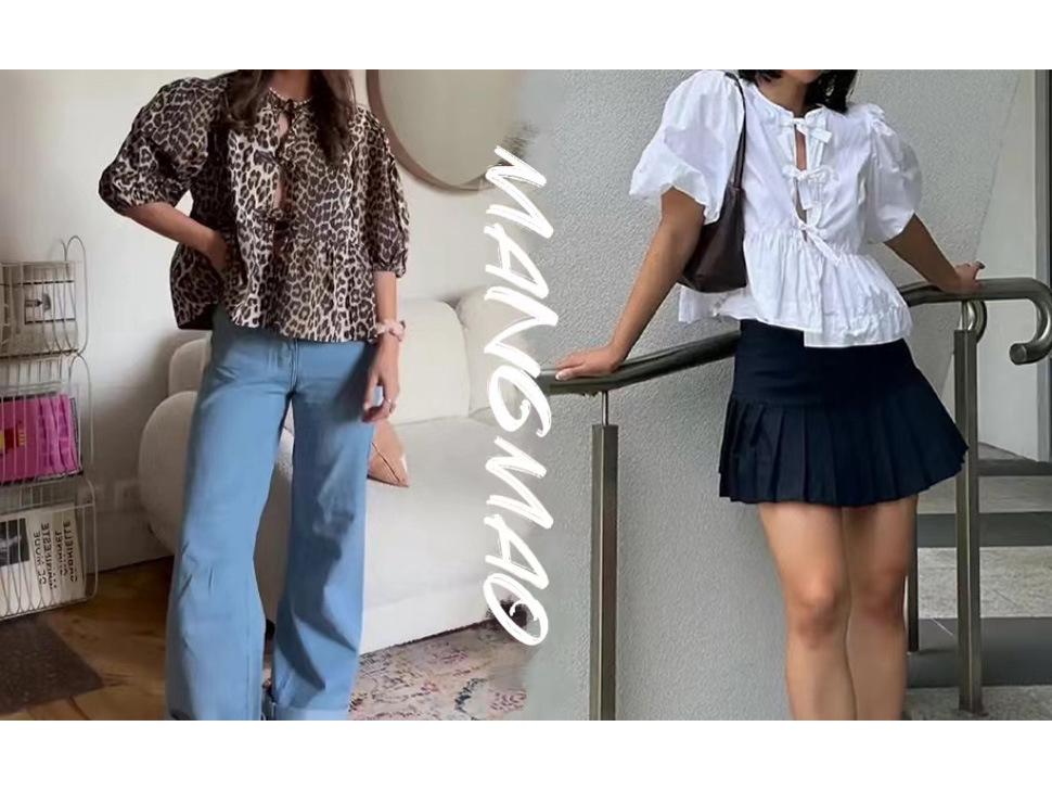 2024 Sweet Casual Puff Sleeve Tie-Up Shirt