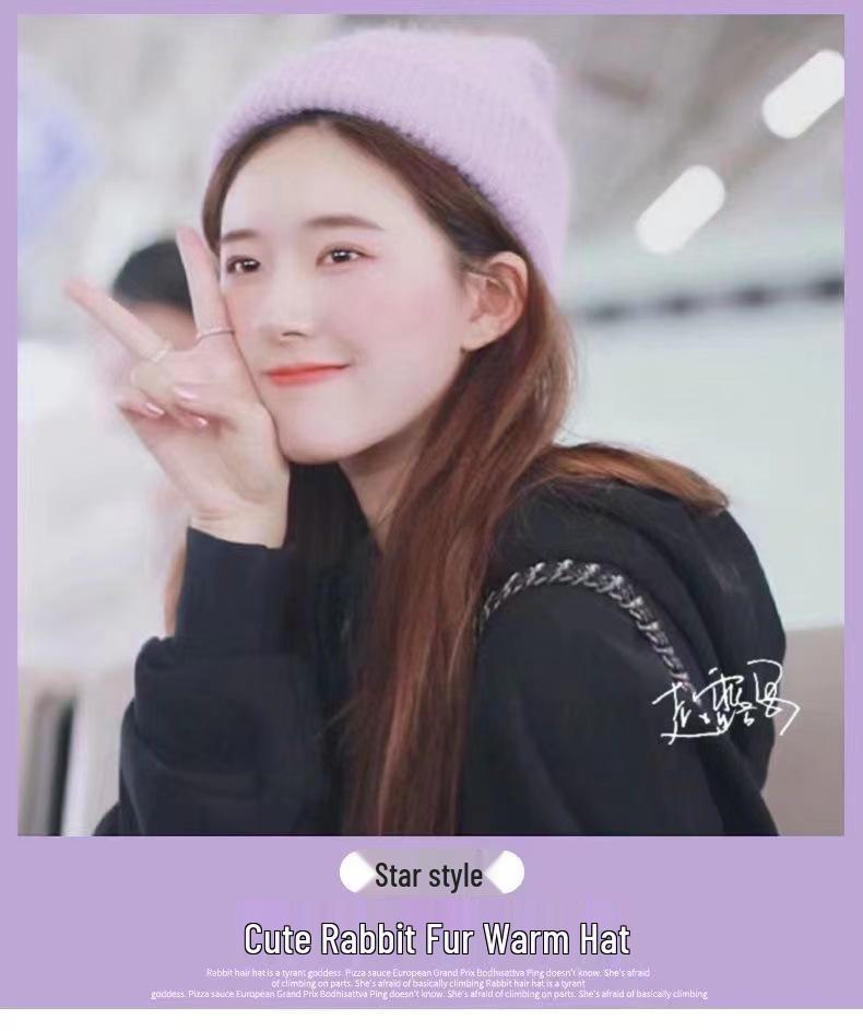 Japanese High-End Women's Rabbit Fur Knitted Beanie - Trendy Autumn/Winter Warm Hat