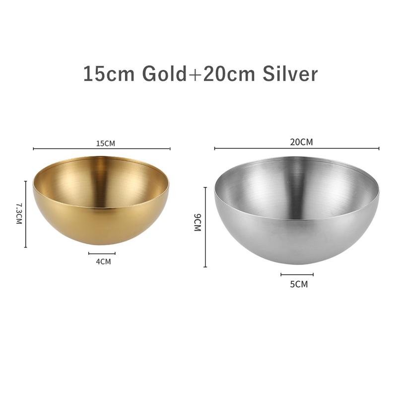 2Pcs Stainless Steel Noodles Salad Bowl Silver Gold Kitchen Fruit Ramen Bowls Egg Mixing Food Container Korean Tableware 15/20cm