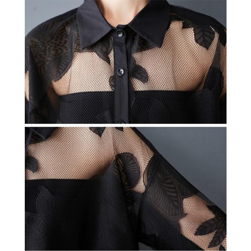 DIMANAF 2025 Plus Size New Summer Blouse Lace Shirt Women Loose Long Sleeve Shirt Black Casual Tops Tees