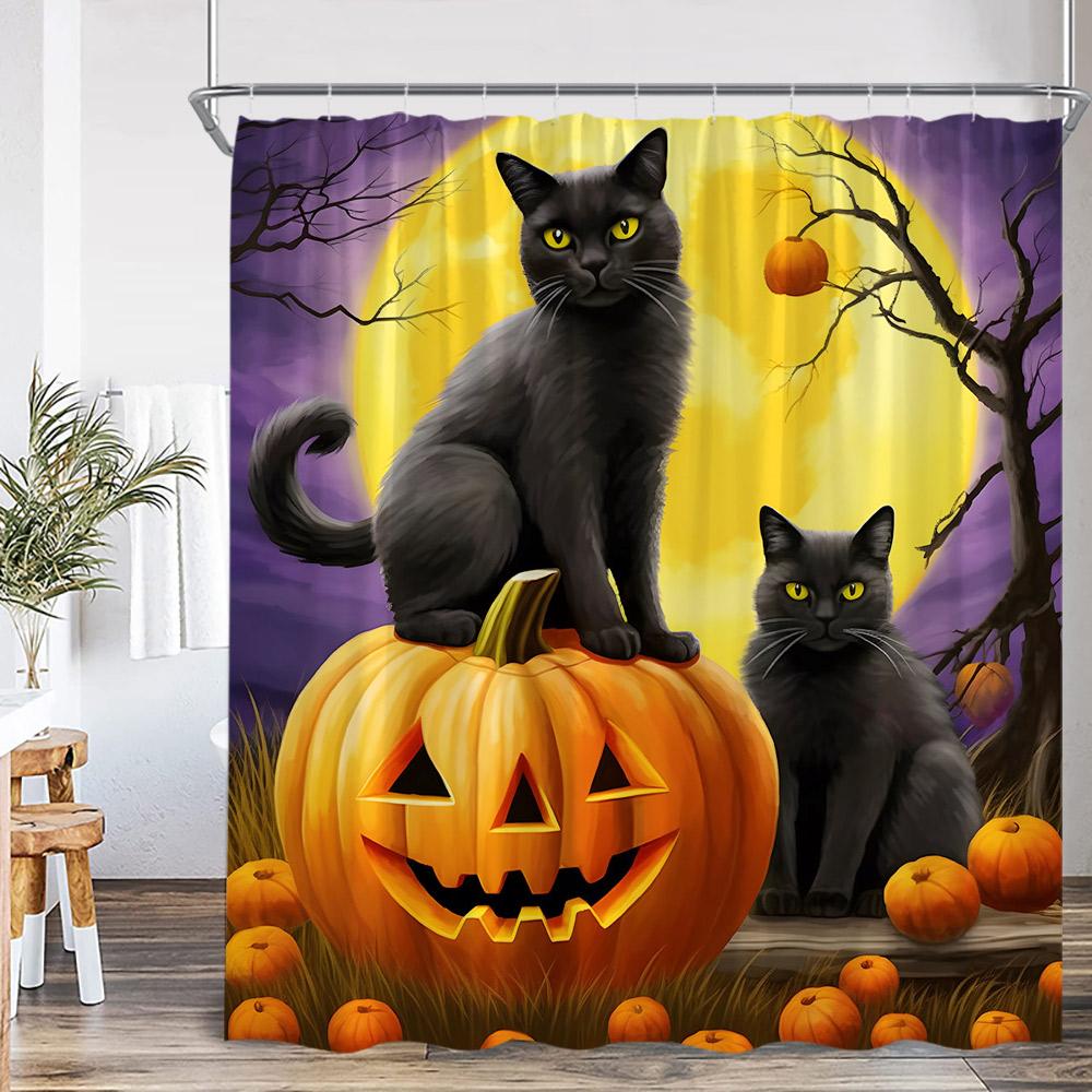 Full Moon Night Halloween Shower Curtain Flying Witch Evil Pumpkin Wizard Graveyard Horror Bath Decoration Bathtub Curtain