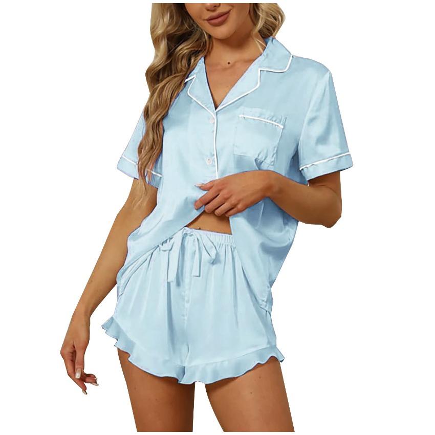 2026 Women Solid Color Pajama Set, V-Neck Short Sleeve Shirt & Lapel Loose Loungewear Set