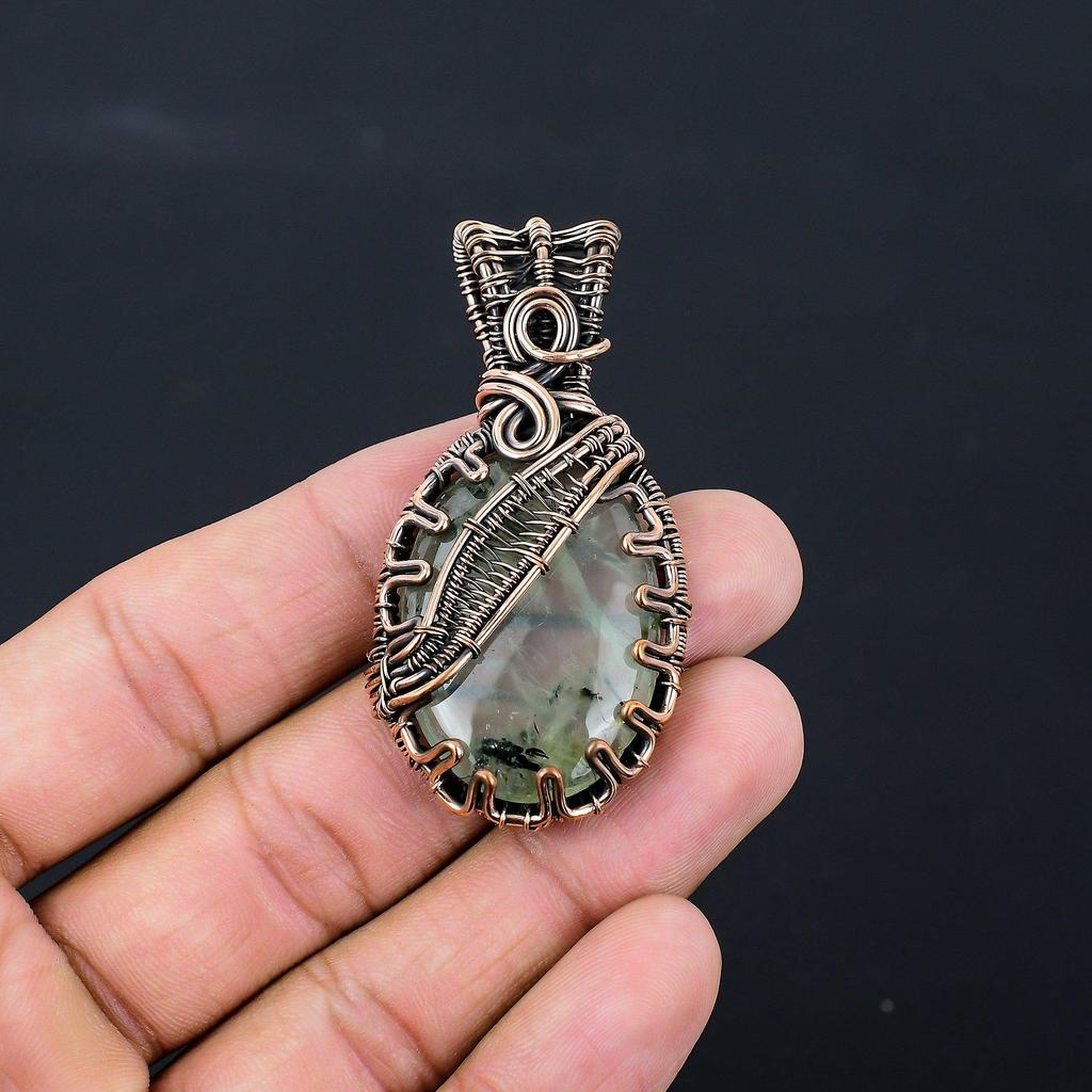 Prehnite Gemstone Pure Copper Wire Wrapped Handmade Pendant Jewelry For Gift