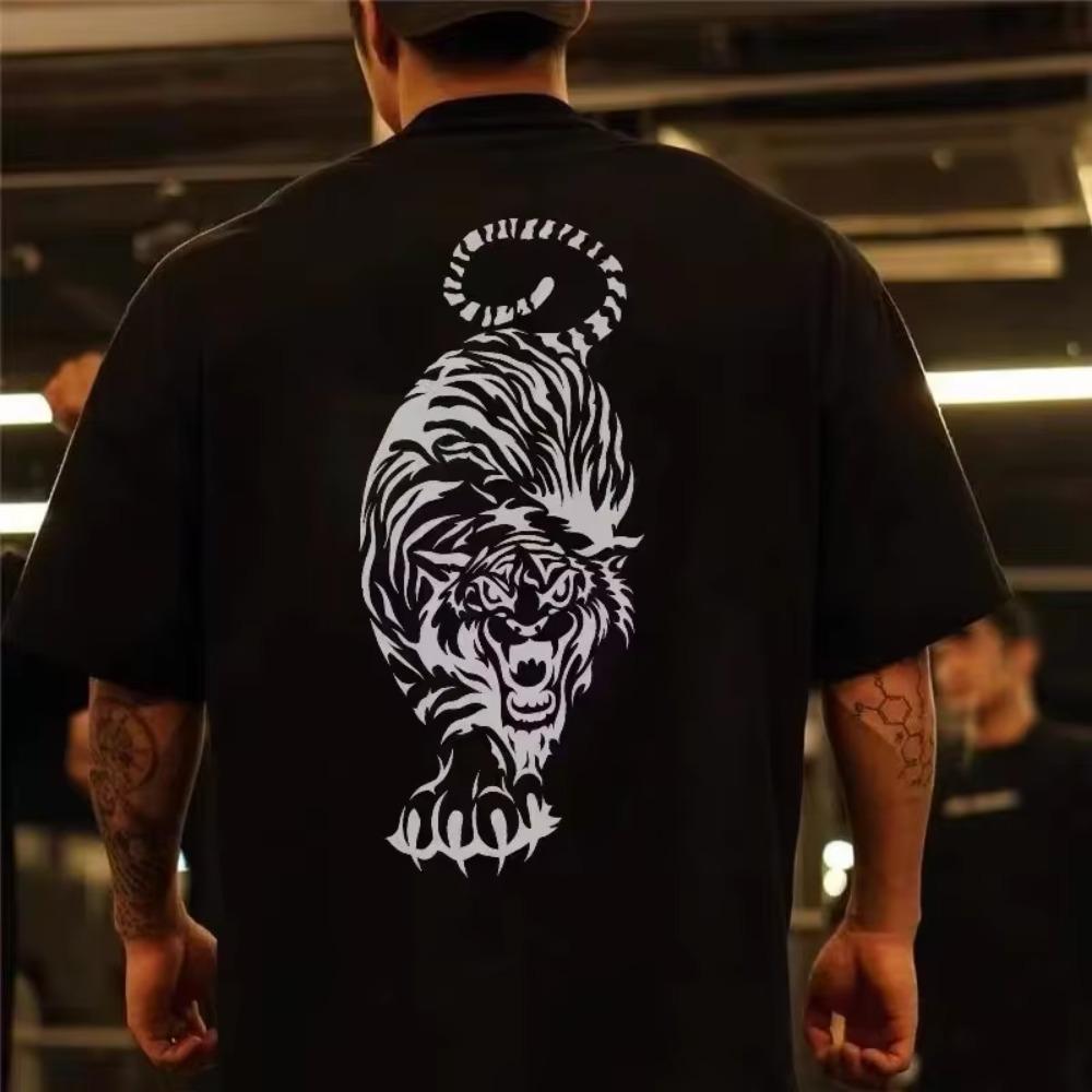 Summer Men's Short-sleeved T-shirt Muscle Breathable Loose Tiger Print Elastic Trendy Brand Running Sports Top Fitness Suit