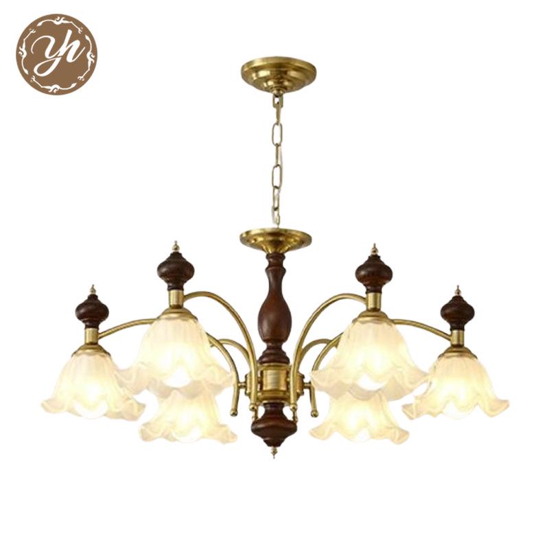 Mid-Century Cream Flower Chandelier with Solid Wood and French Retro Design