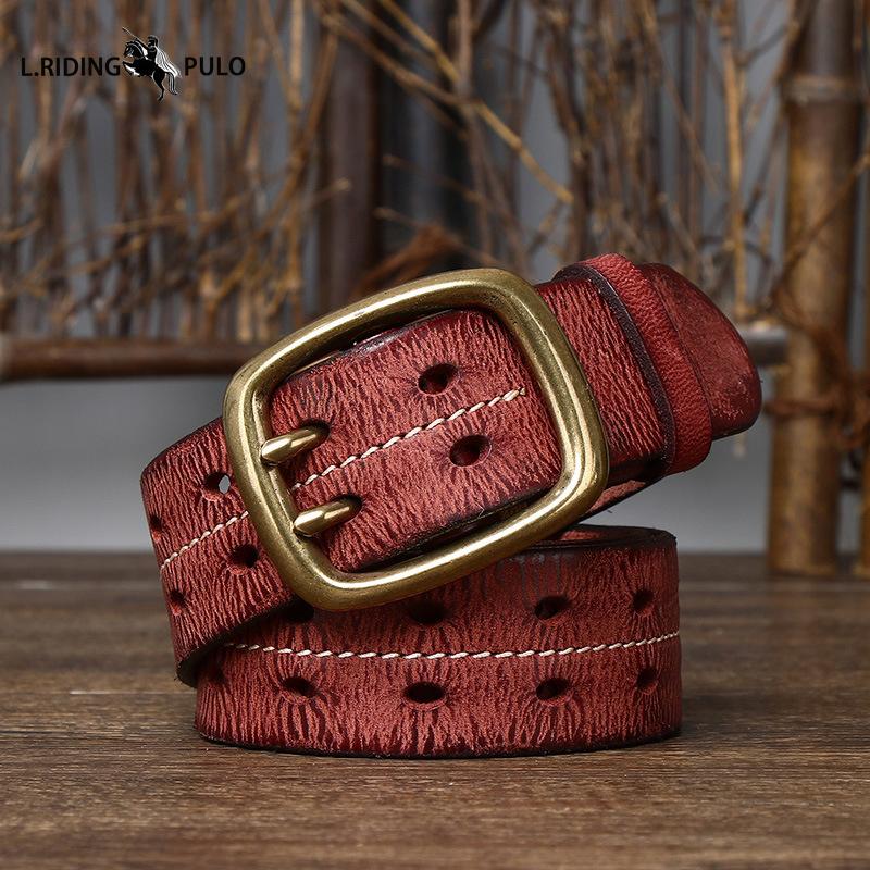 Curea Retro cu Personalitate, Trend Distressed, Cataramă Dublă cu Pini, Piele Naturală pentru Bărbați, Piele de Vacă Pură, Stil Coreean, Curea Casual