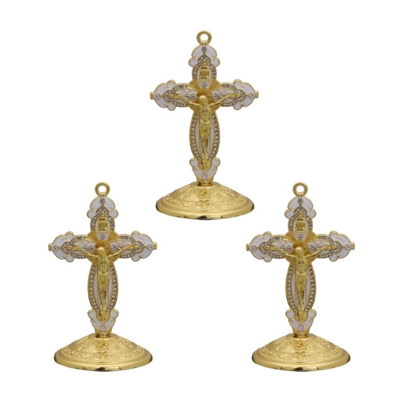 Ручная работа Эмалированный цинковый распятие Орнамент Церковный поставщик Металлическое распятие с подставкой Религиозное украшение