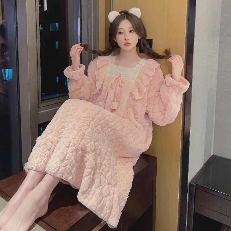 Cămașă de noapte din flanel pentru femei, mărime mare - cu mâneci lungi, drăguță, croială lejeră pentru toamnă/iarnă (Până la 200 lbs).