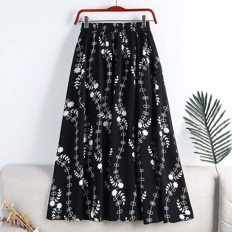 Wysoka talia i cienkie kwiaty Spódnica damska Elastyczny pas Średniej długości Spódnica trapezowa Codzienny Casual Wiosna i lato