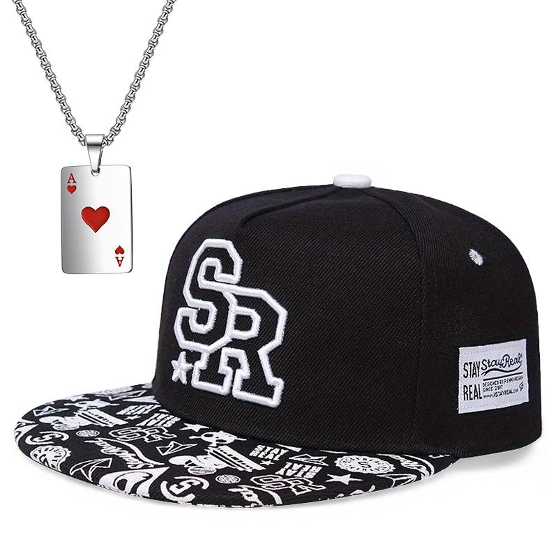 2pcs Fashion Casual Baseball Cap Men Women Embroidered Letters Hip-hop Hat Flat Brim Hat Poker Pendant Necklace Outdoor Sports Net Red Sun Hat