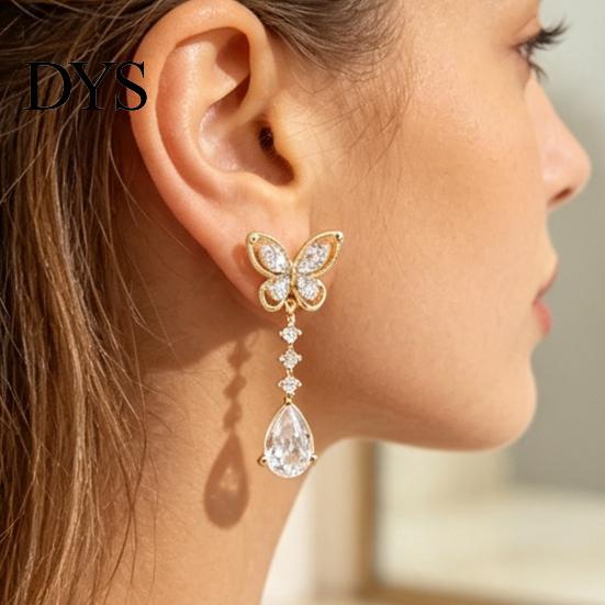 Comfortable Daily Wear Jewelry 1 Pair Butterfly Drop Earrings for Women, Inlay Teardrop Zirconia Earrings, Minimalist Silver Tone Sparkly Rhinestone
