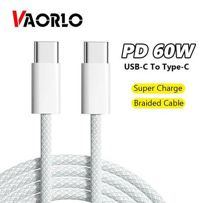 VAORLO Pro iphone 15 15Pro CC Braid Cable PD 60W USB-C To Type-C Super Charge Data Line Rychlé nabíjení pro Huawei Xiaomi