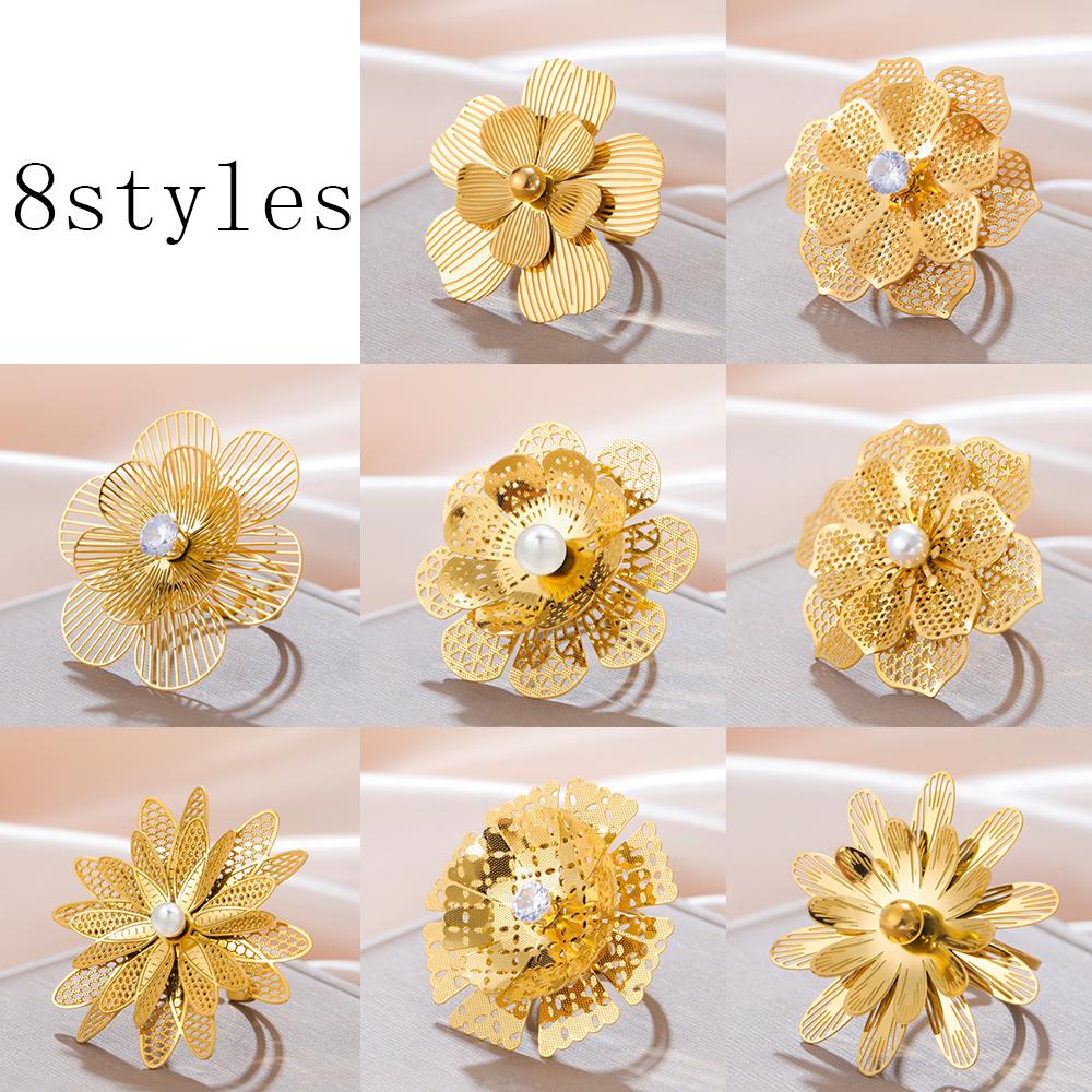Cazador Big Flower Women's Ring Gold Color Open Rings Stainless Steel Adjustable Jewelry Waterproof Party Wedding Gifts Trendy