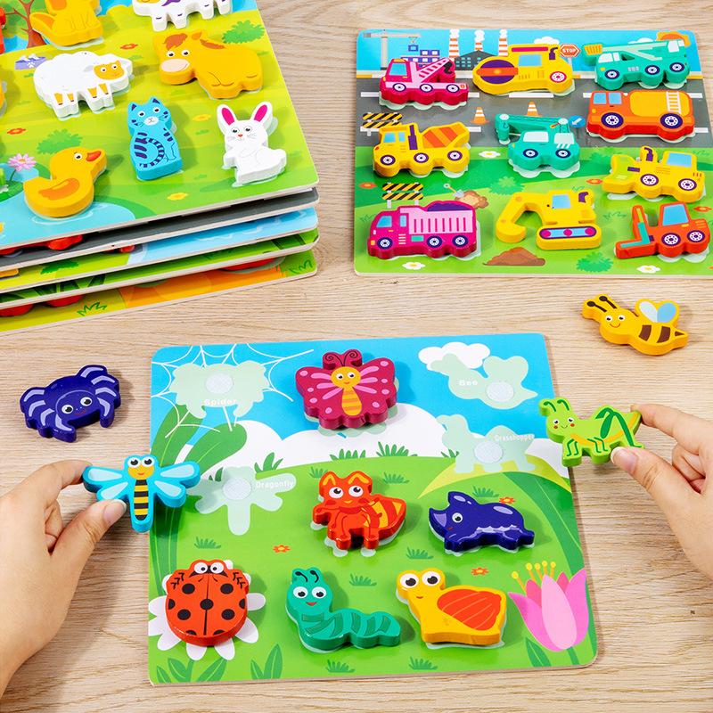 Wooden Children'S Early Education Puzzle Creative Velcro Three-Dimensional Puzzle Building Block Car Animal Puzzle