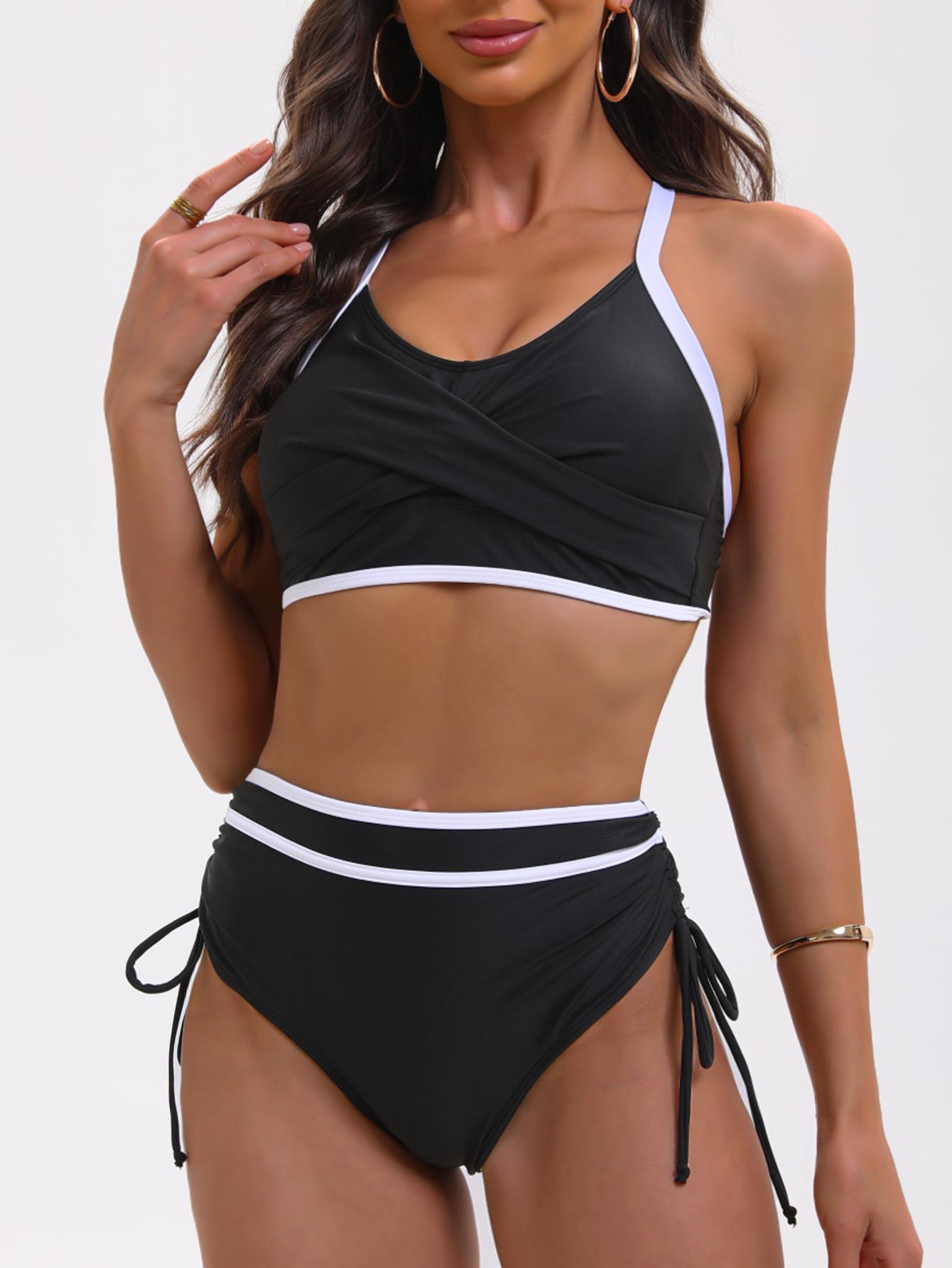 Color Block Tie Drawstring High Waist Sexy Two Piece Bikini Set Elegant S