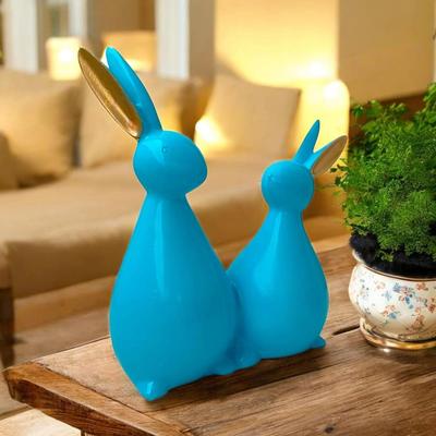 Hasen-/Kaninchenpaar Schauobjekt für Heimdeko Wohnzimmer - Büro Tischdeko Statue - Dekorative Polyresin Figur (20,3 cm, Aquablau)