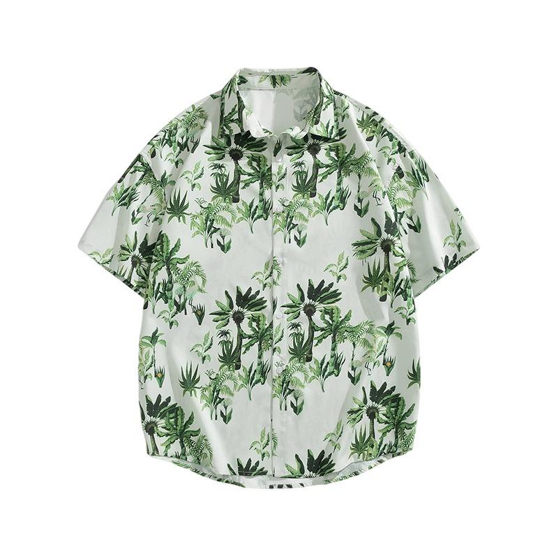 Men's Oversized Palm Tree Print Short Sleeve Shirt - Green Hawaiian Casual Button Down Top