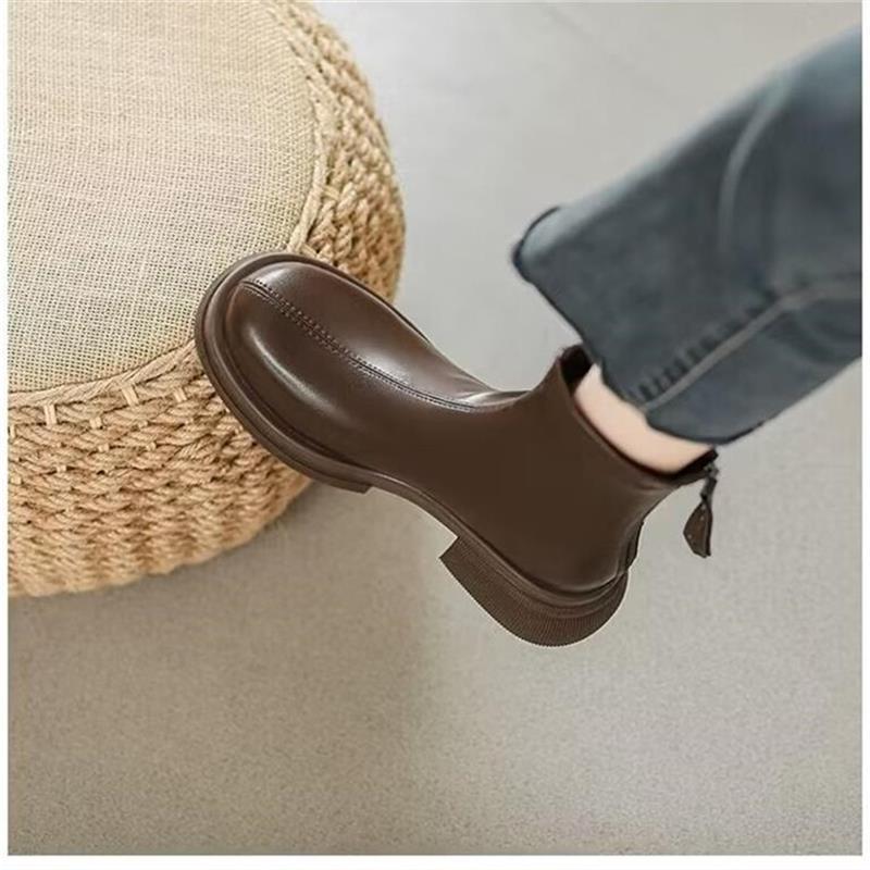 Soft leather thick-soled Martin boots women's height and thinness 2025 autumn and winter two cotton short boots thick heel elastic thin boots
