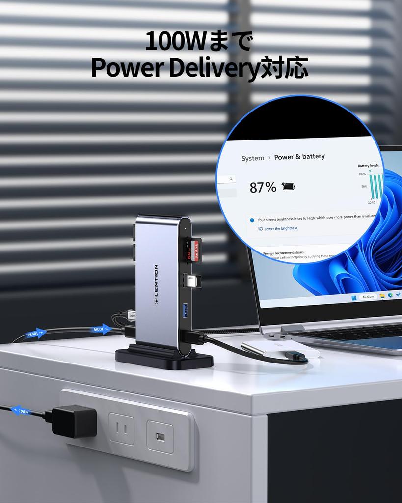 LENTION Vertical USB C Docking Station 10in1 4K HDMI 5Gbps High Speed Data Transfer Micro Card Reader 100W PD Compatible Type C Hub Type C 2 Ports