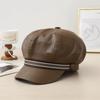 Windproof Octagonal Hat Warm Painter Hat Personality Pu Leather Beret  Girl