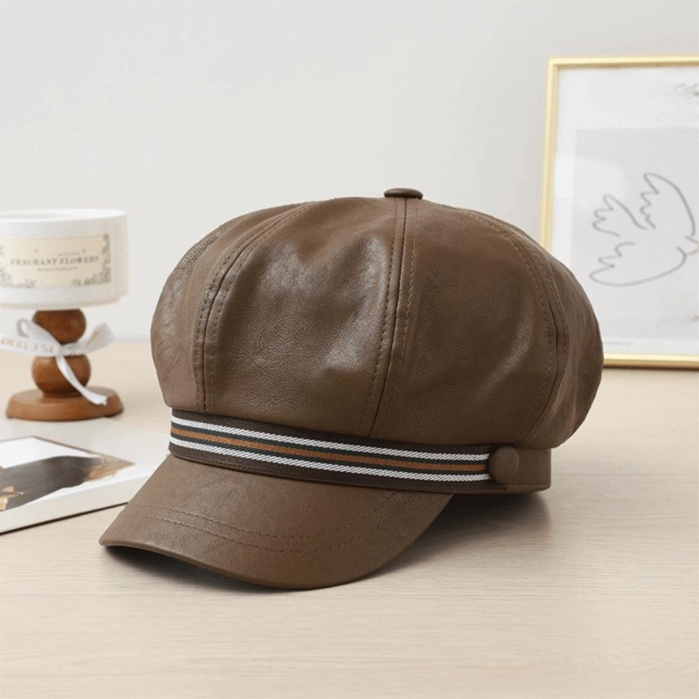 Windproof Octagonal Hat Warm Painter Hat Personality Pu Leather Beret  Girl