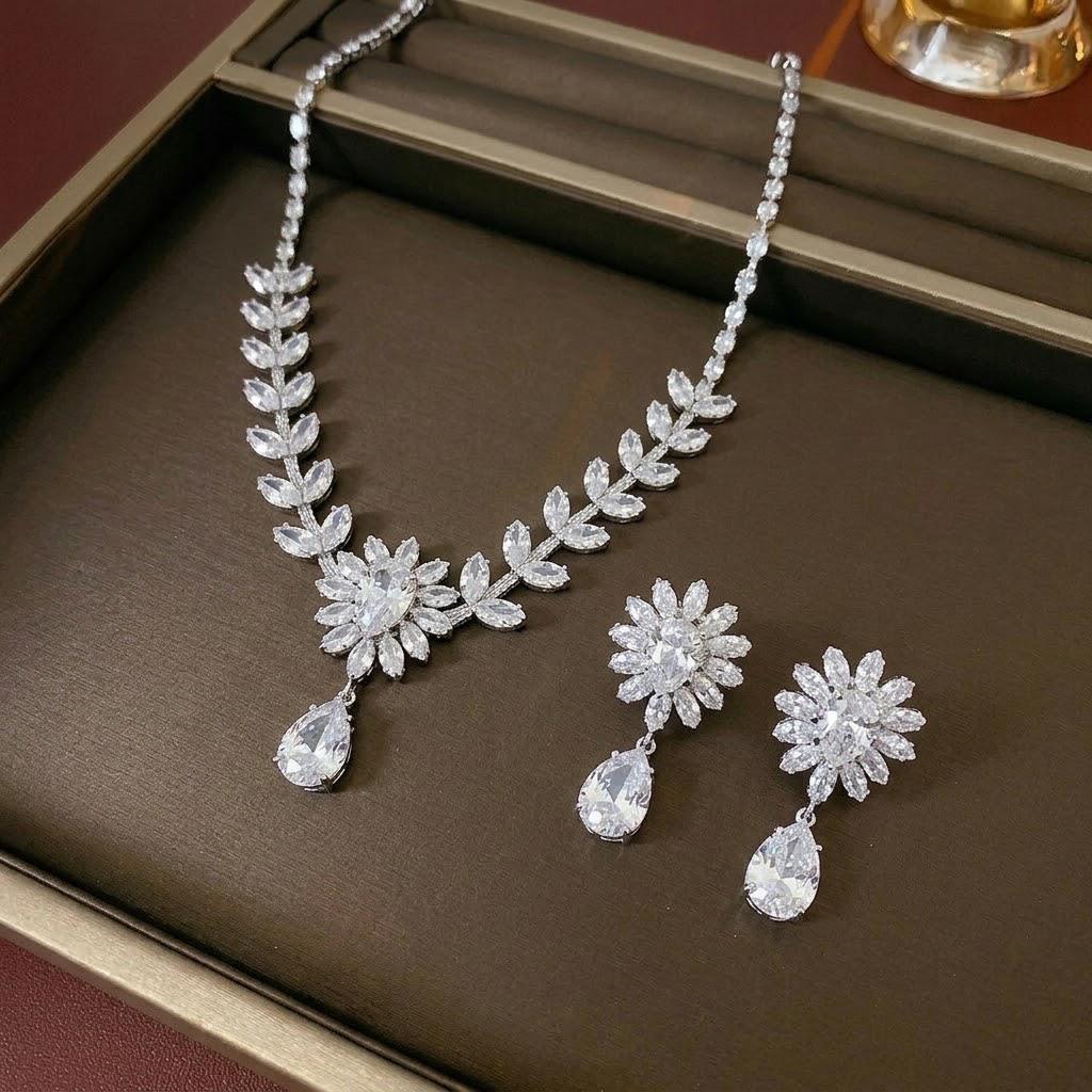 Zircon Wheat Ear Tassel Necklace and Earrings Set