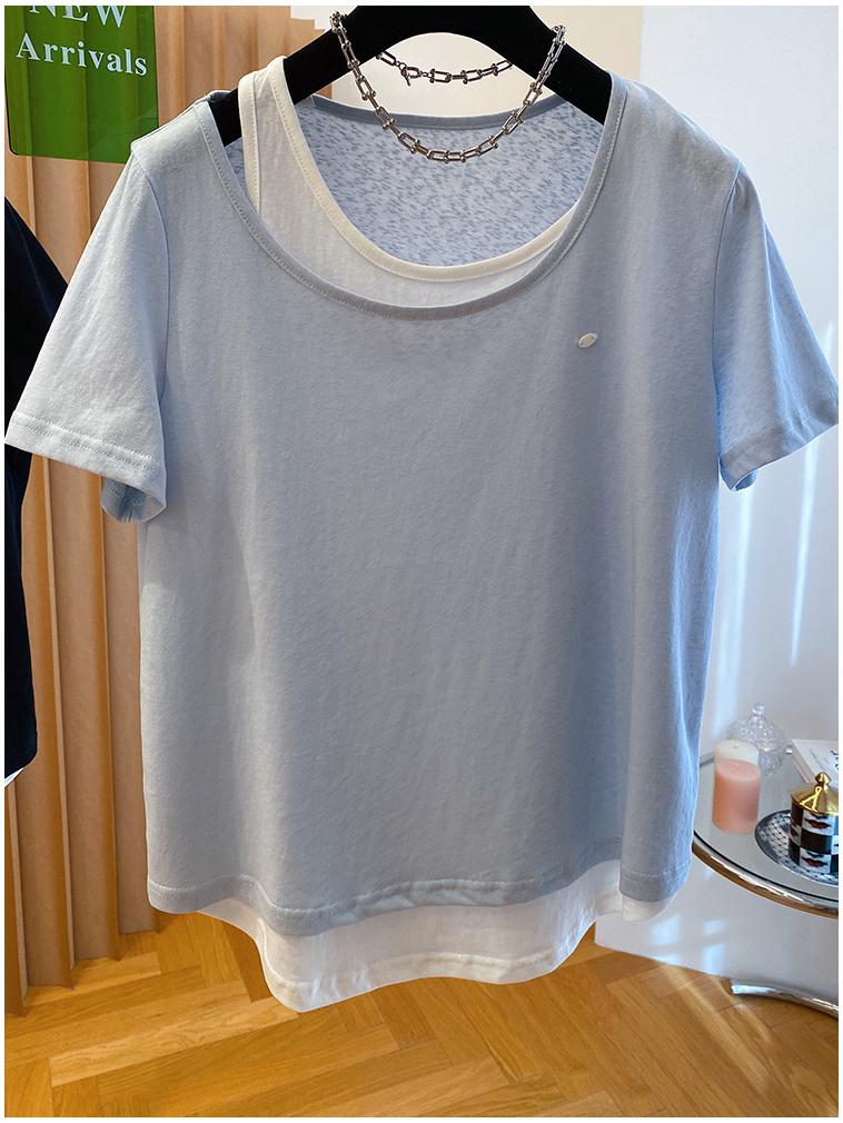 Plus Size Korean Snowflake Cotton Two-Piece Look T-Shirt, Women's Short Sleeve, Loose Casual Top (2026)