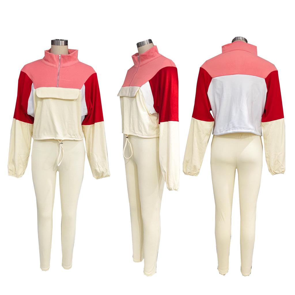 Autumn Color Block Hoodie & Skinny Pants Two-Piece Set