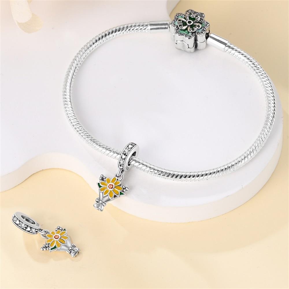 Original Copper Charms Luxury Sunflower Bouquet Pendant Beads Fit Bracelet Diy Women Making Delicate Gift