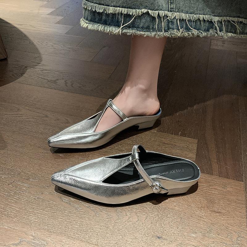 

Single shoes thick heel half slippers Mary Jane women s shoes summer new versatile slippers soft sole pointed 35 серебряный