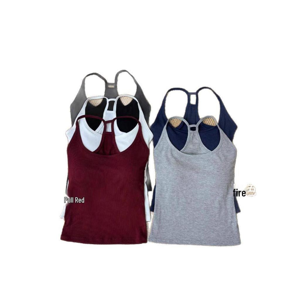Women's Summer Hot Girl Pure Style I-Back Tank Top with Chest Pad, Solid Color, Versatile Sports Design