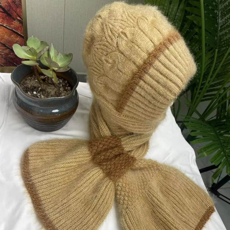 Autumn and Winter Color blocked Hats and Scarves New Velvet and Thickened Knitted Fashionable All In One Anti Wind and Snow Ear Protection Hats