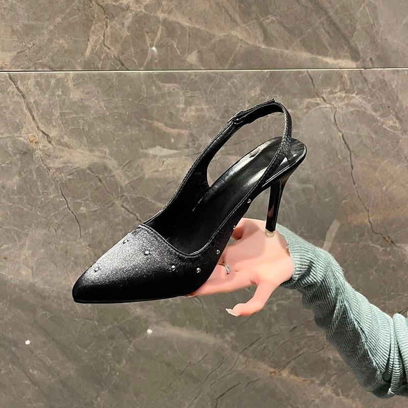 

Women s Pointed Head Shallow Mouth Rivet Metal Buckle A Line with Anti-slip Wear-resistant High Heels 35
