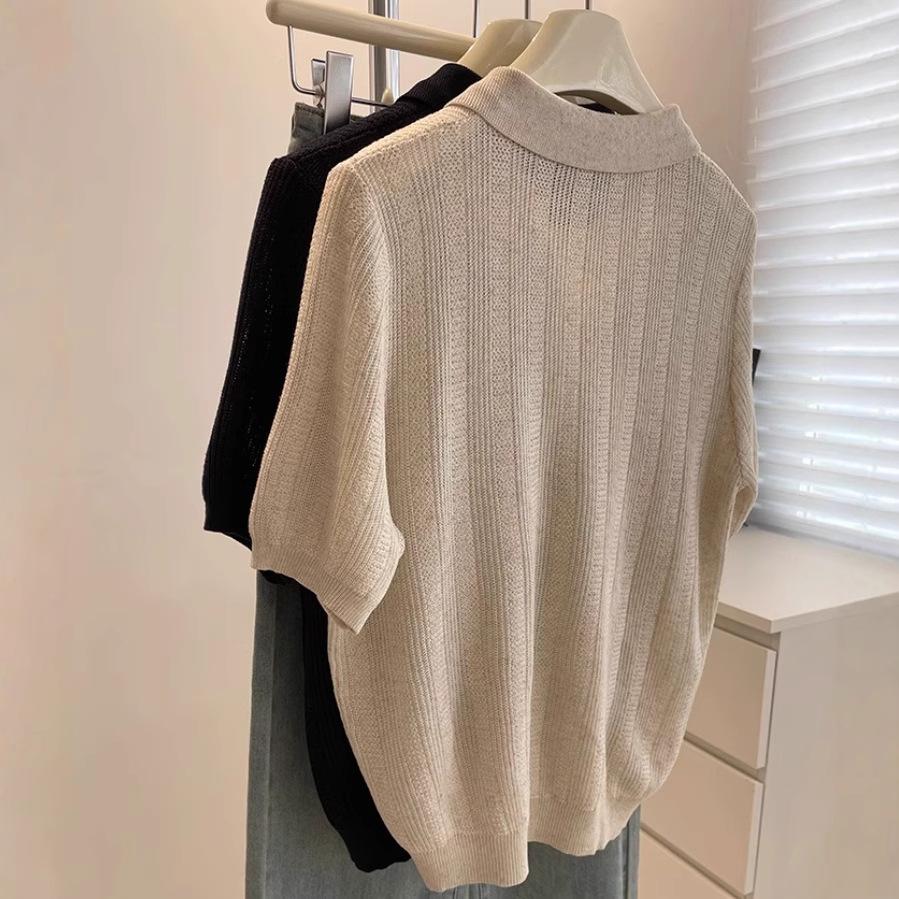 Summer Casual Polo Shirt Top Collar Knit Short Sleeved T-shirt for Women