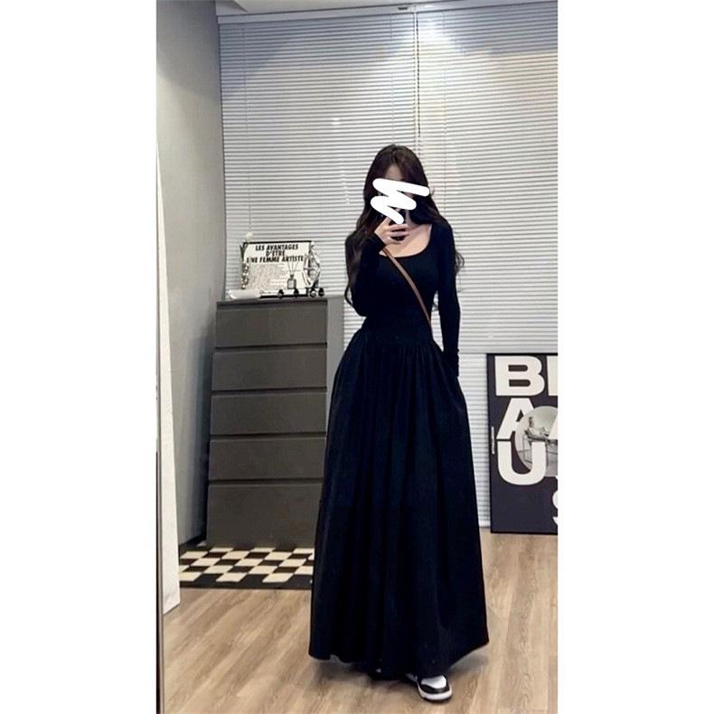 Dámské černé pletené šaty s dlouhým rukávem ve stylu Hepburn, podzimní 2023