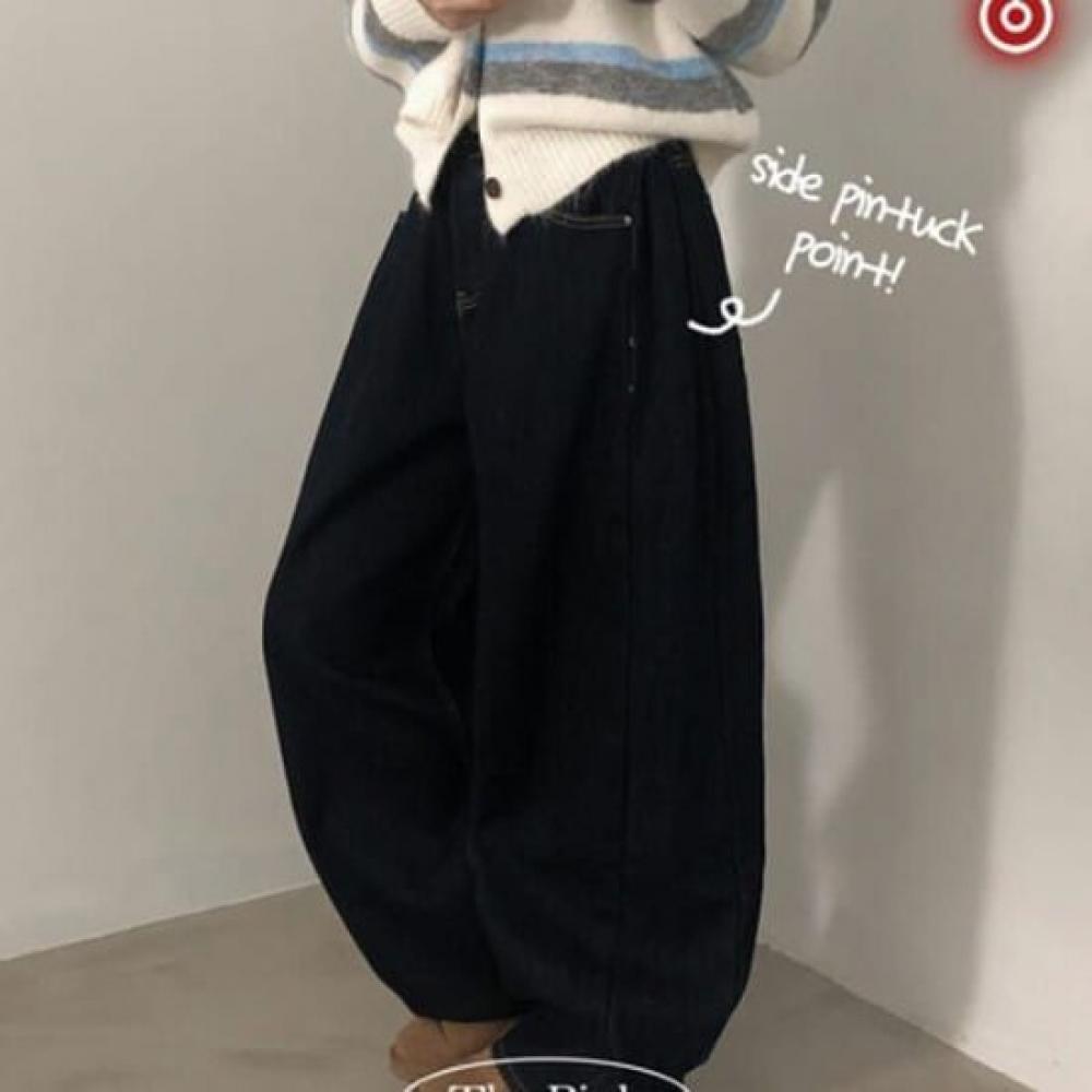 The Pink Women Side Pleated Denim Wide Pants Dark Blue