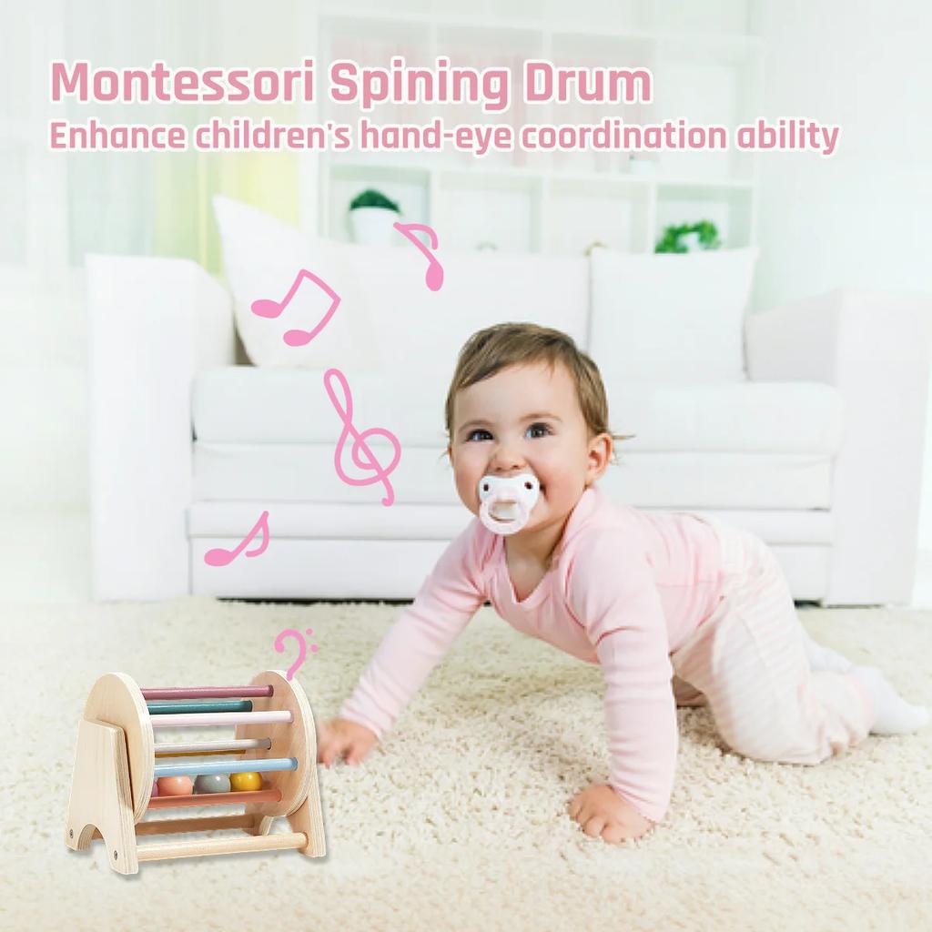 Montessori Holz-Rollentrommel-Set - Bunte Lernspielzeuge mit Puzzlekugeln für frühe Musik & Koordination, Ideale Geschenke