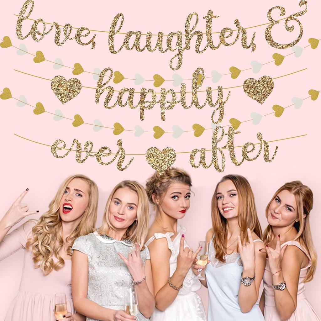 Vorgespanntes Love Laughter & Happily Ever After Banner für Hochzeitsfeier Dekorationen, Gold Glitzer Banner Schild mit 13FT Herz Streamer Girlande für