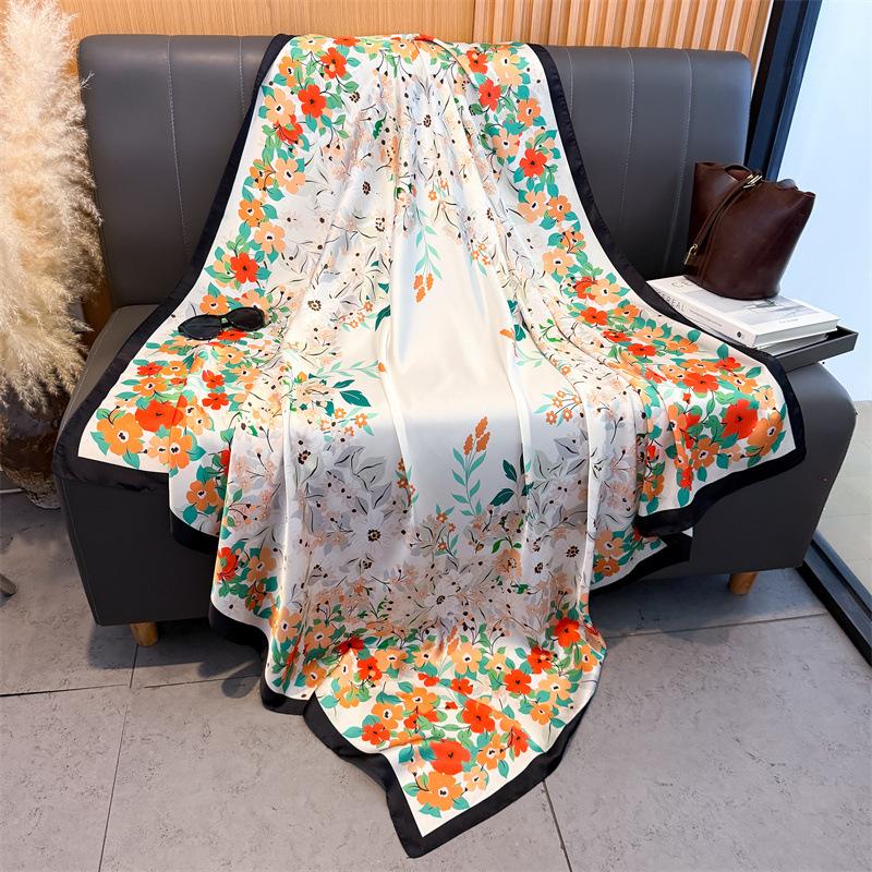 Pastoral floral simulation silk high-end 111cm large square scarf silk scarf printed shawl sunscreen scarf headscarf scarf