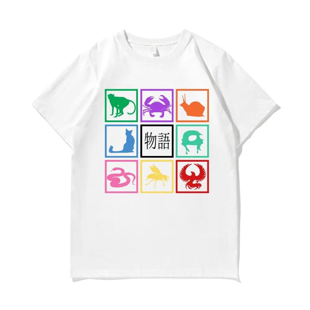 Japanische Manga Monogatari Serie Grafikdruck Schwarzes T-Shirt Unisex Damen Übergroßes T-Shirt Kleidung Lustiges Harajuku Streetwear Top