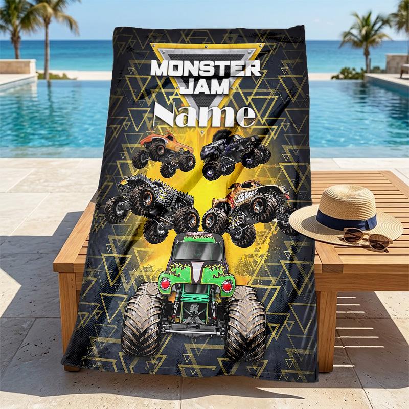 Custom Name Monster Jam Night Stylish Digital Printing Beach Towel Quick‑Drying Absorbent Blanket for Beach Pool Gym Travel