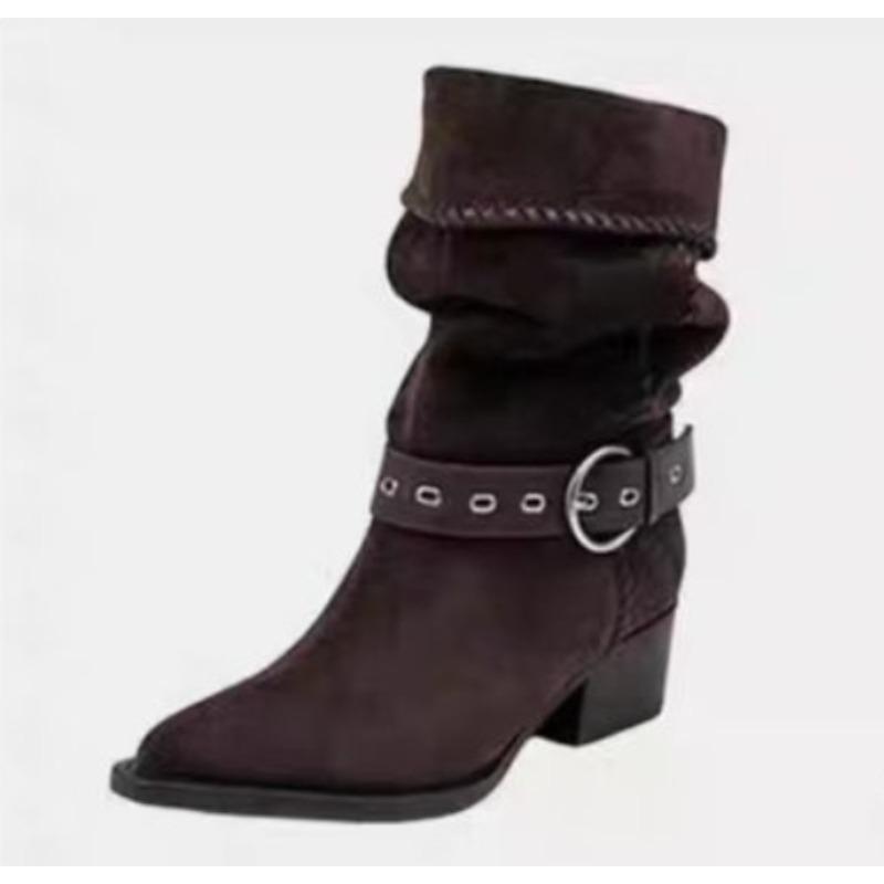 Móda Nový Styl Vintage Dámské Podzimní Vintage Špičatá Špička Semišové Cvočkované Kovová Spona Blokový Podpatek Westernové Kovbojské Boty Zapatos Mujer