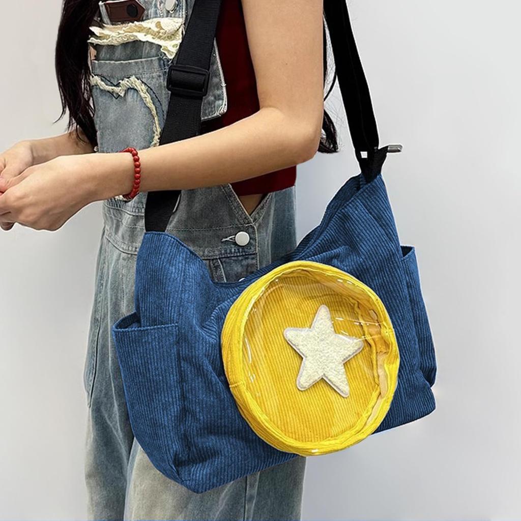 [YUYAKESHI] Cute Corduroy Ita Bag, Shoulder Bag, Perfect for Going Out, Round Transparent Window, Star Accessory Included, Large Capacity, 2-Way Tote