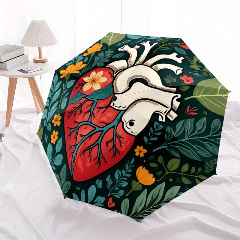 1pc Heart Flowers Automatic Open/Close Umbrella with Windproof, Functional Design, 8-Rib Sturdy Canopy
